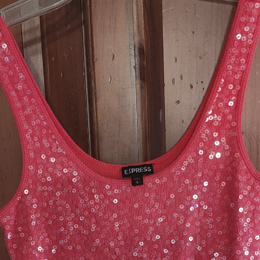 Express Coral Sequin Tank Top - Women's Scoop Neck Sparkle - Picture 2 of 4
